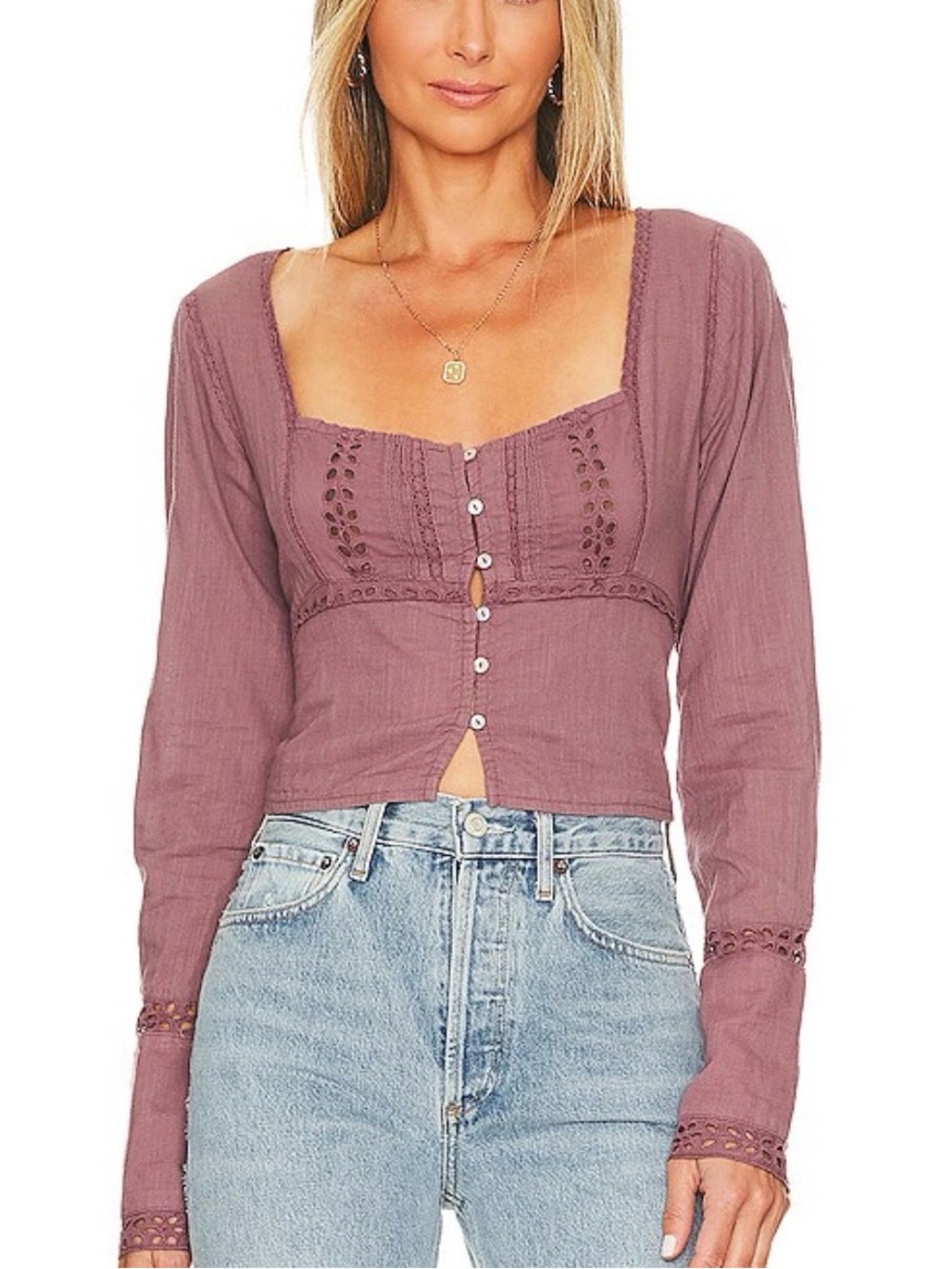 Free People - Joi Roan Rouge Eyelet Button Down Long Sleeve Blouse Size Medium
